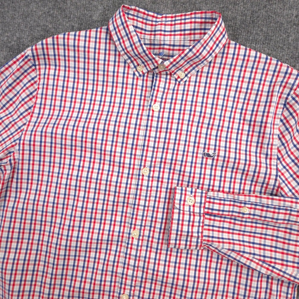 Vineyard Vines On-The-Go Performance Shirt Boys XL (18) Red Blue White Check OTG